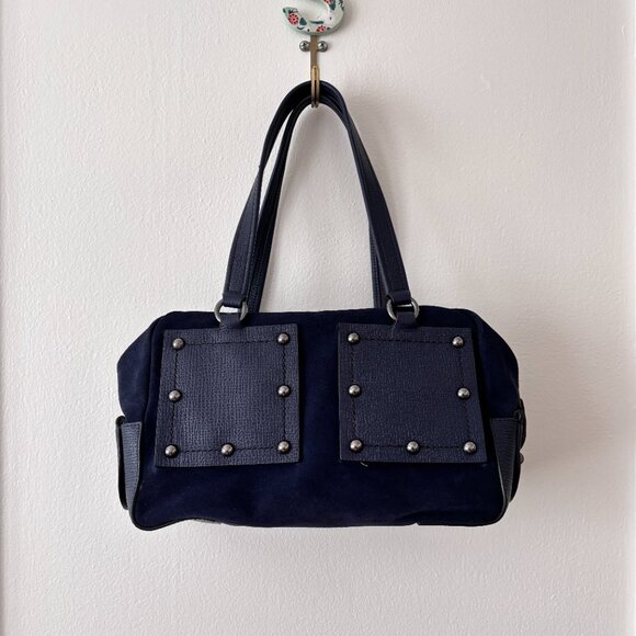 Marc By Marc Jacobs Navy Studded Suede Leather Bowler Bag - Picture 1 of 10